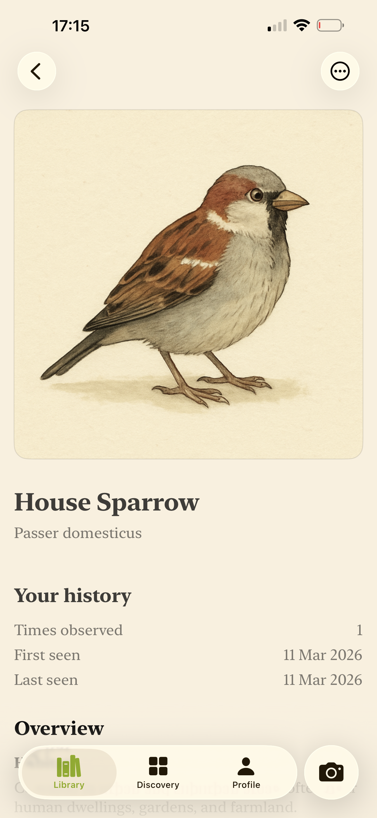 Naturalis species detail page for House Sparrow with illustration and observation history.